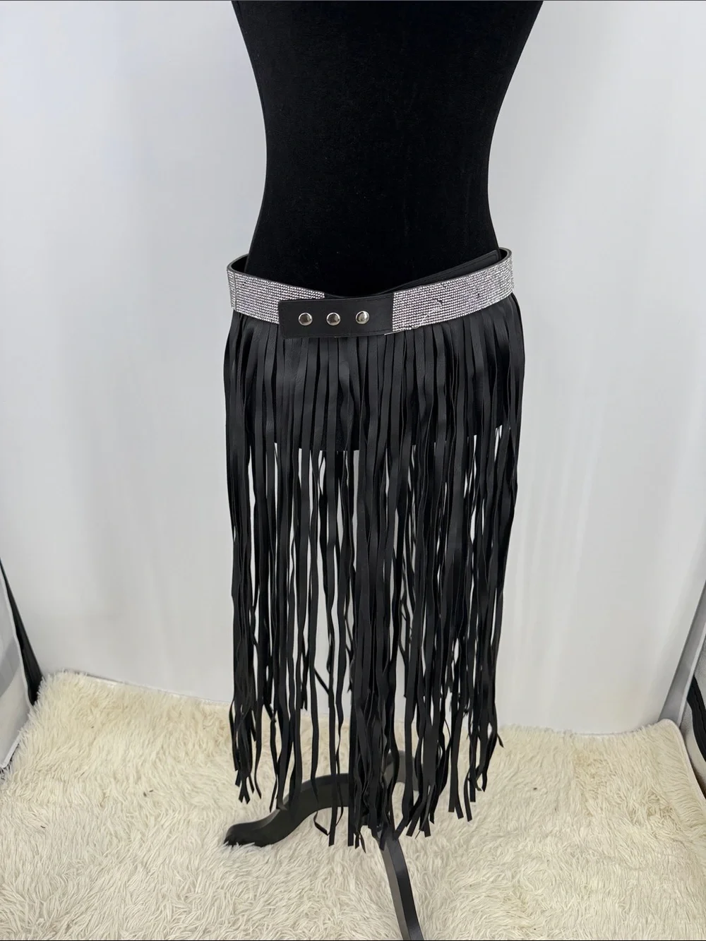 Faux Leather Fringe Belt with Rhinestone Waistband - Black